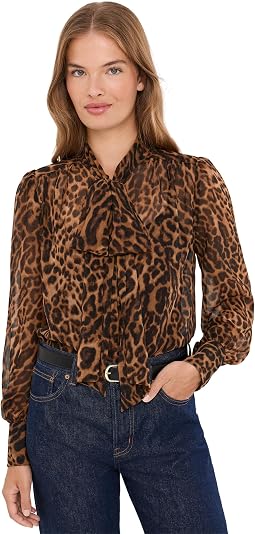 Petite Ocelot-Print Chiffon Tie Neck Blouse