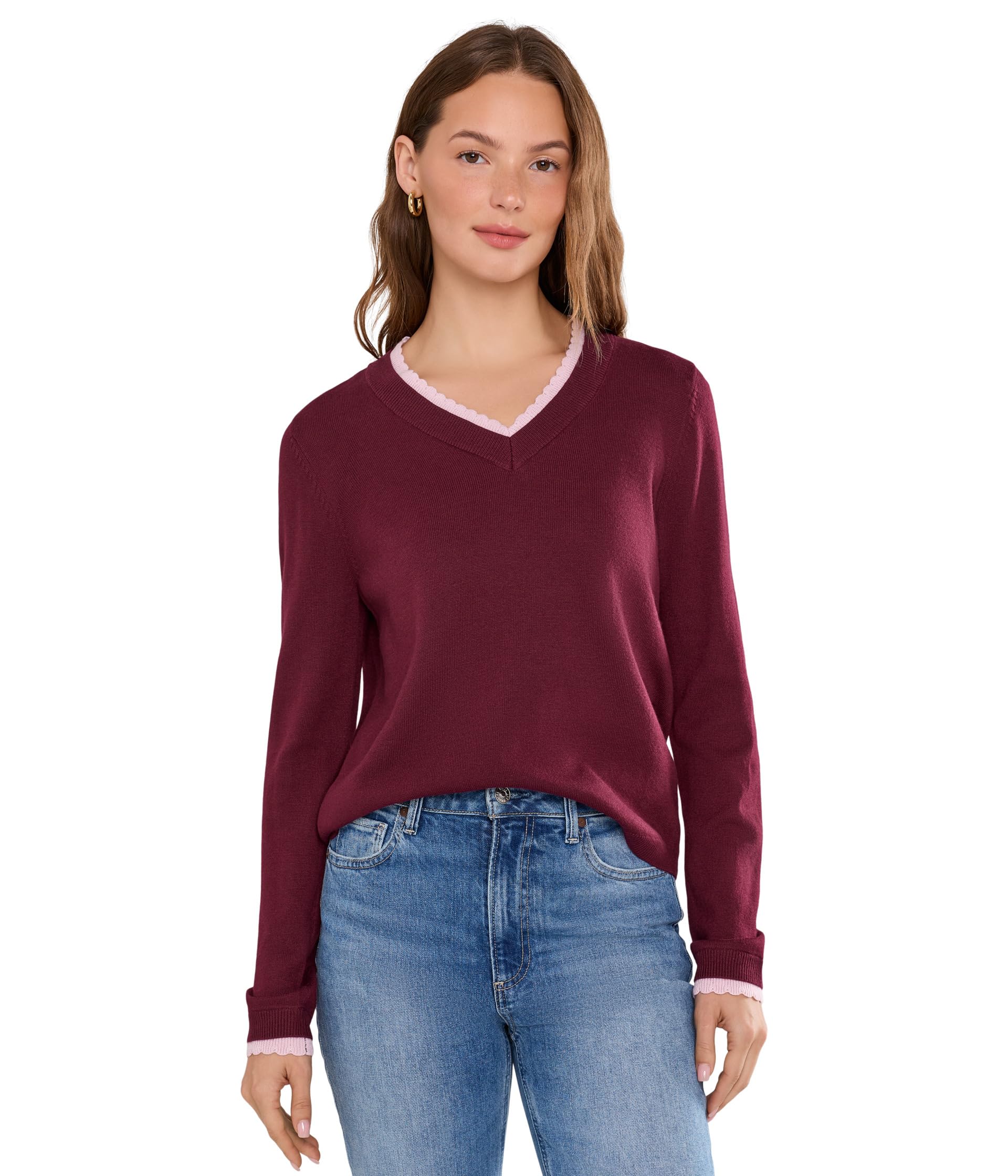 Layered Scallop Trim Long Sleeve V-Neck