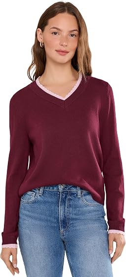 Layered Scallop Trim Long Sleeve V-Neck