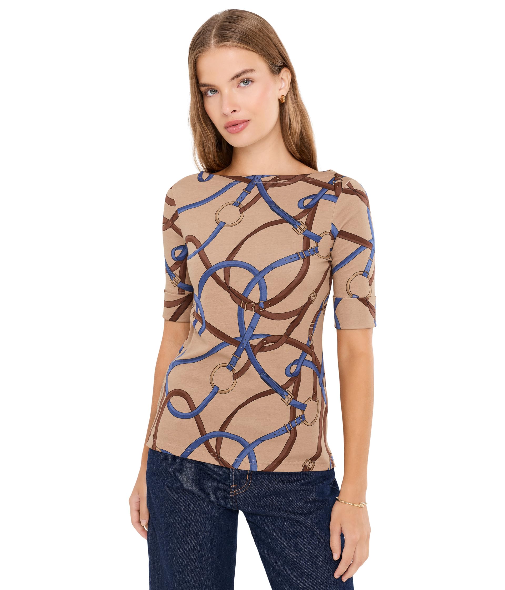 Petite Belting-Print Cotton Boatneck Tee