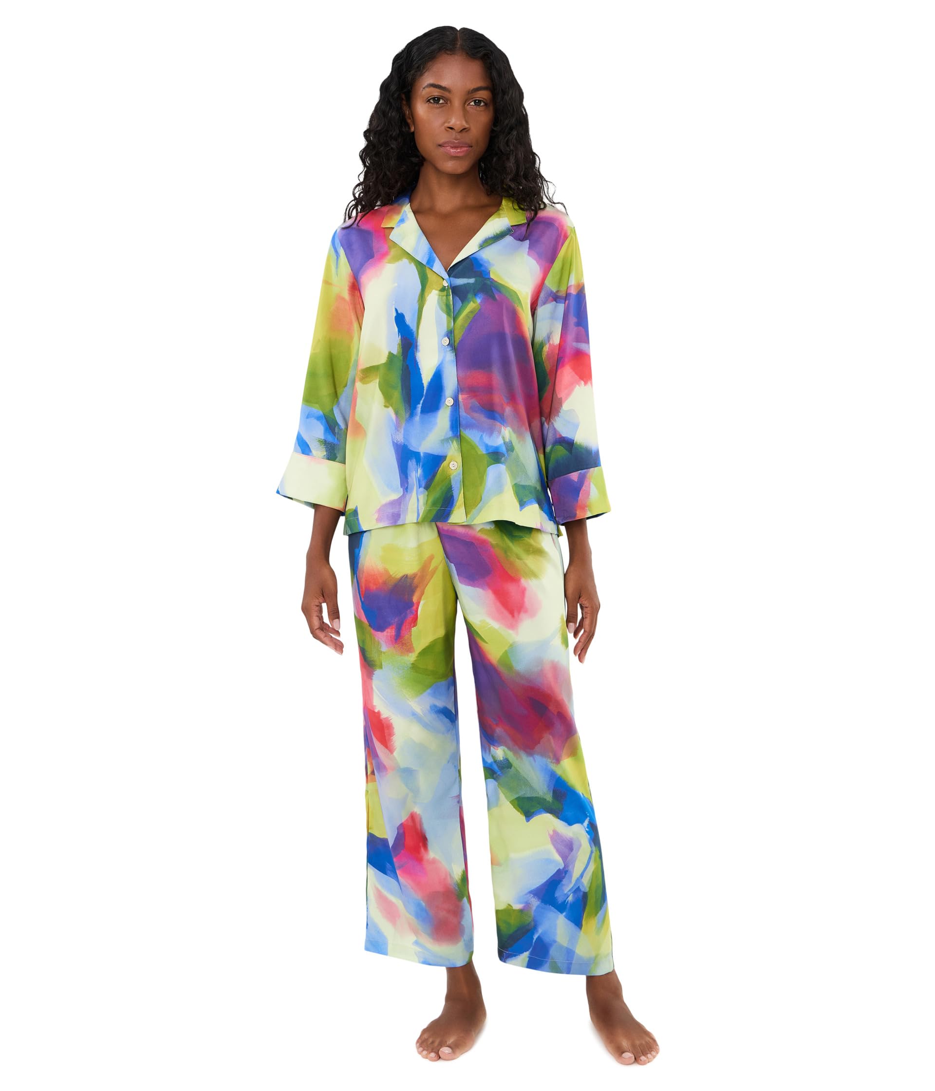 Kumo - Printed Stretch Satin Notch Pajama Set