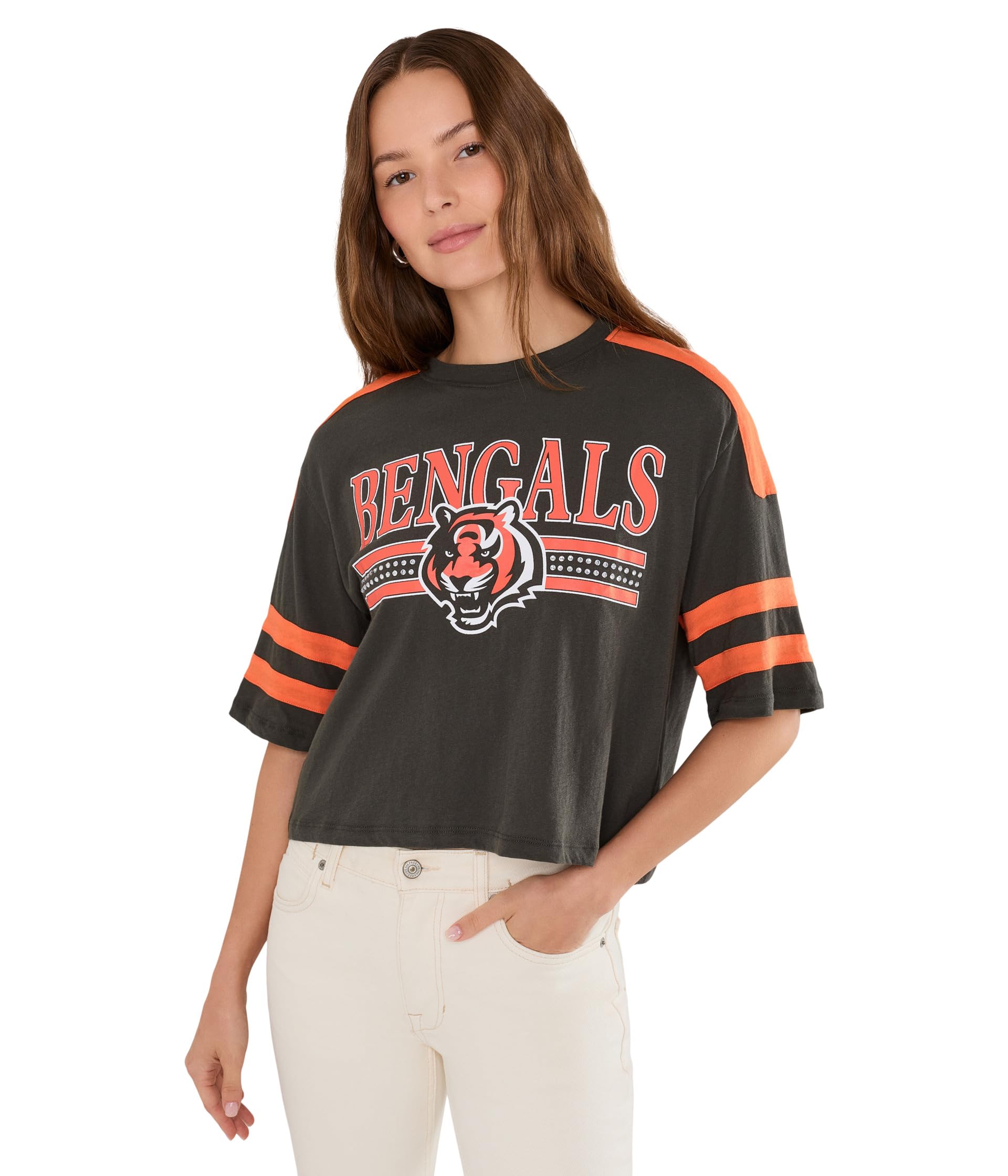 Женская укороченная футболка с полосками и стразами NFL Cincinnati Bengals
