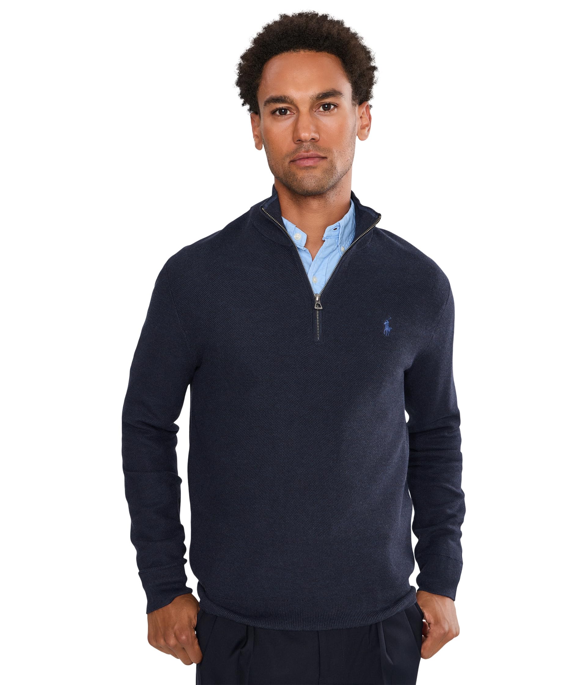 Mesh-Knit Cotton 1/4 Zip Sweater