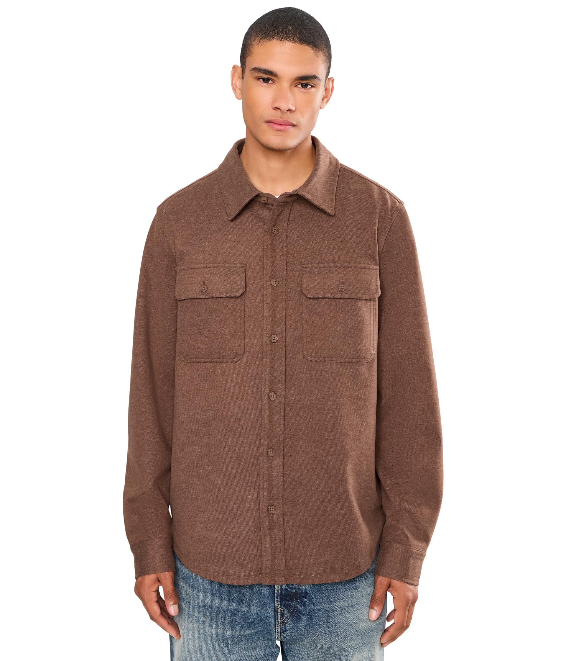Knit Long Sleeve Button-Up Shirt with Flap Pockets