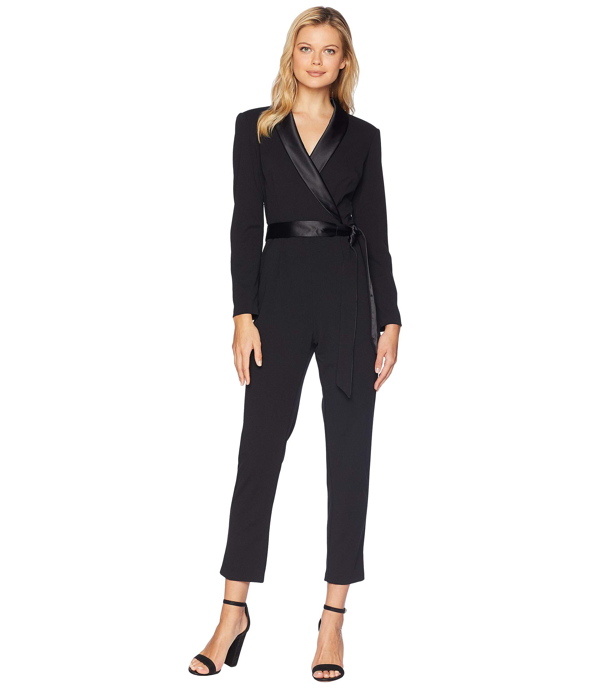 Knit Crepe Wrap Top Jumpsuit with Long Sleeves, Slim Pants, and Stretch Charmeuse Collar