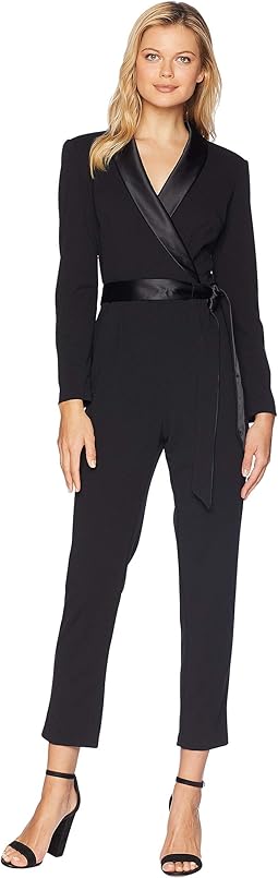 Knit Crepe Wrap Top Jumpsuit with Long Sleeves, Slim Pants, and Stretch Charmeuse Collar