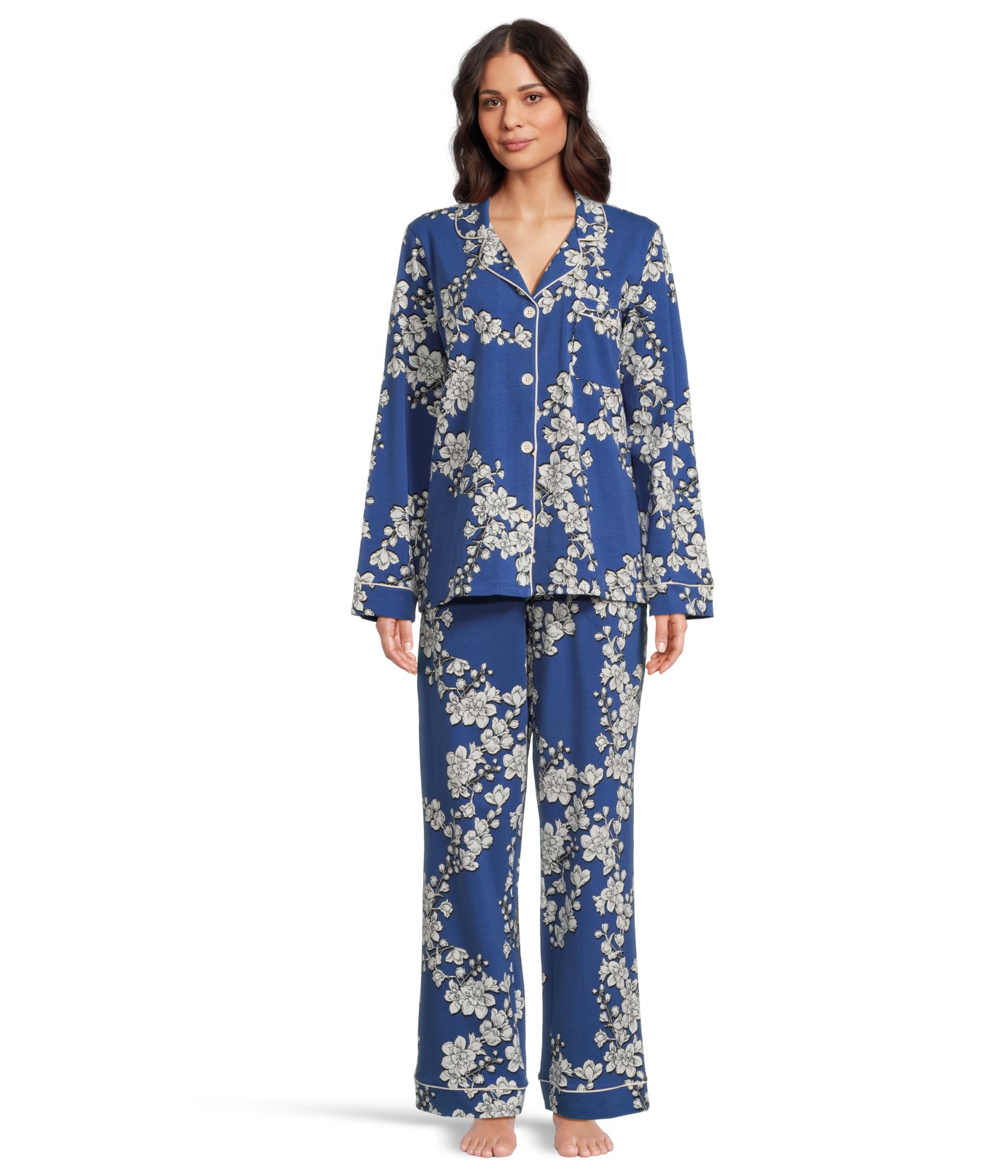 Long Sleeve Classic Notch Collar Pajama Set (Cotton Spandex)