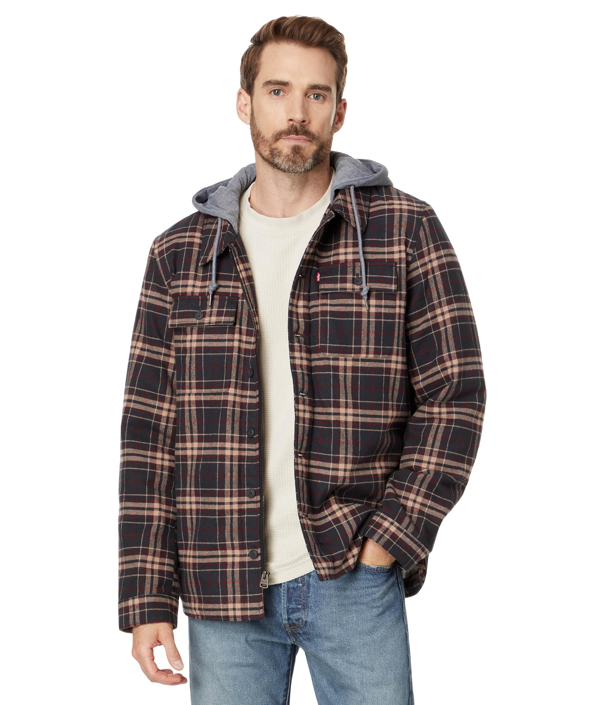 Washed Cotton Shirt Jacket with A Jersey Hood and Sherpa Lining