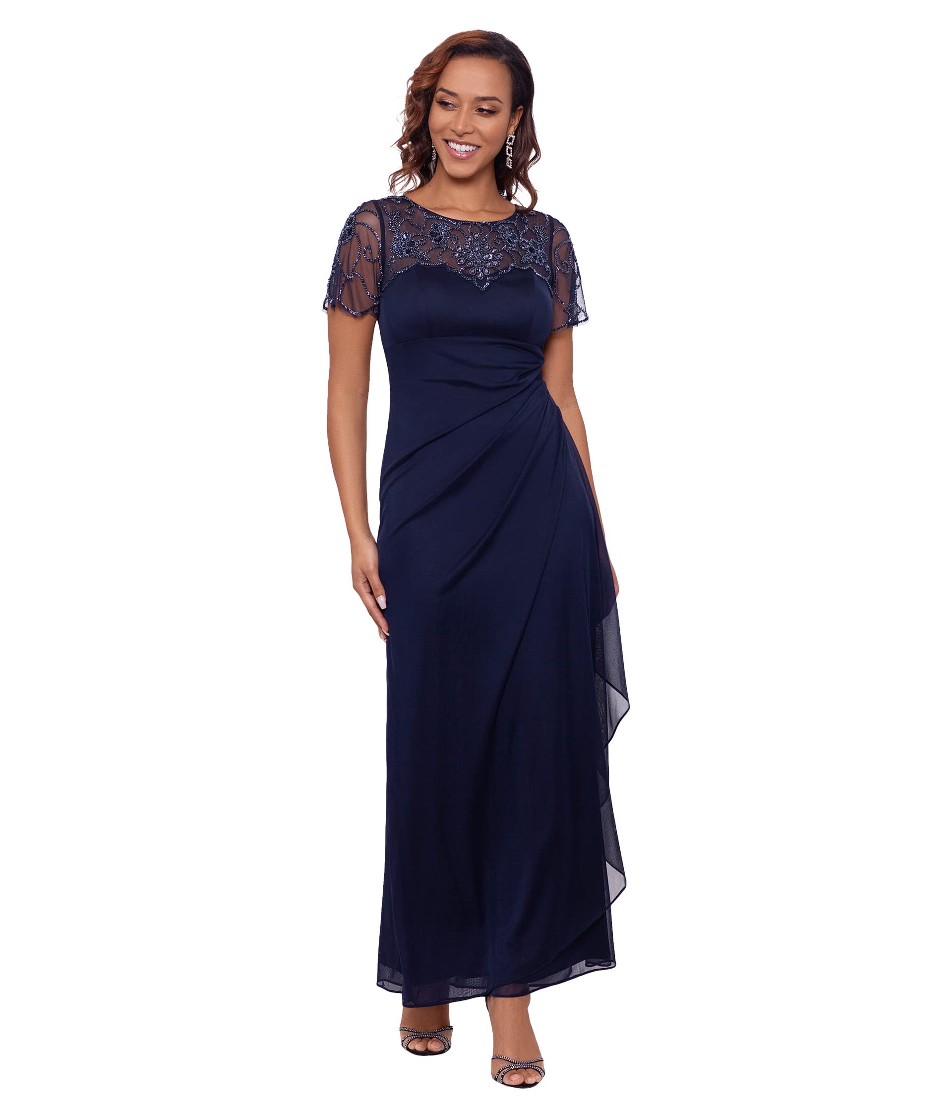 Long Sheer Matte Jersey Side Ruched Bead Flutter Sleeve
