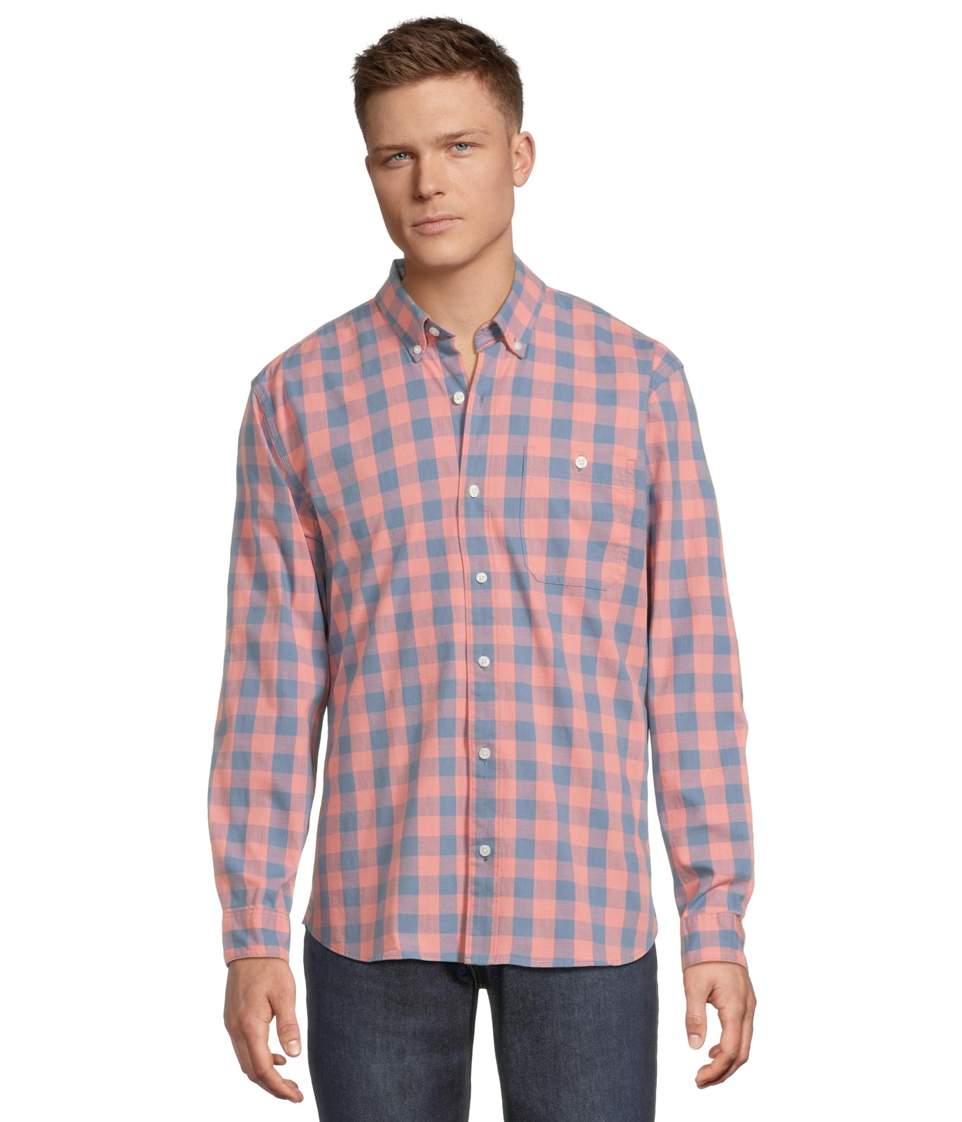 Comfort Stretch Chambray Shirt Long Sleeve Traditional Fit Plaid