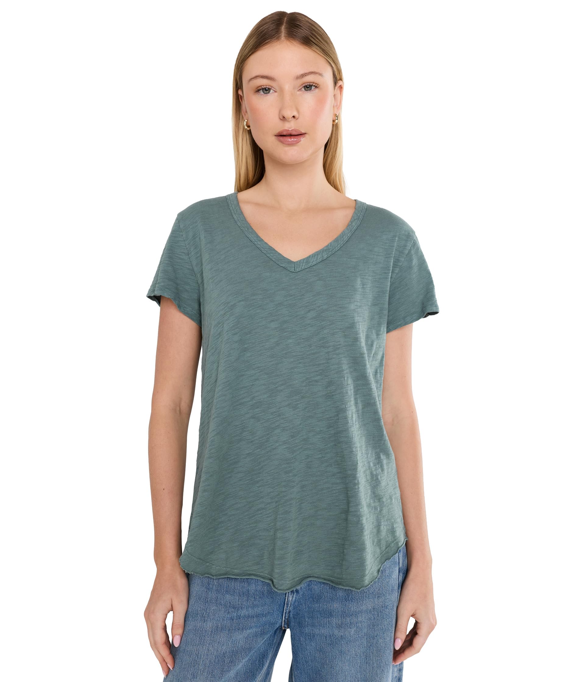 Short Sleeve V-Neck Tee with Curved Hem