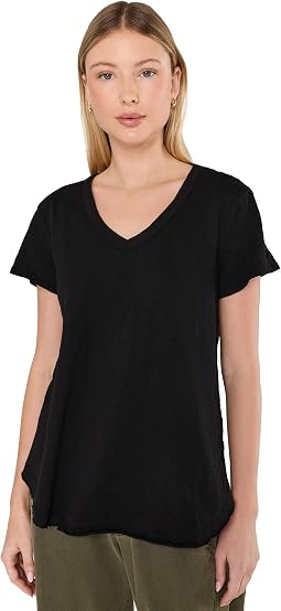 Short Sleeve V-Neck Tee with Curved Hem