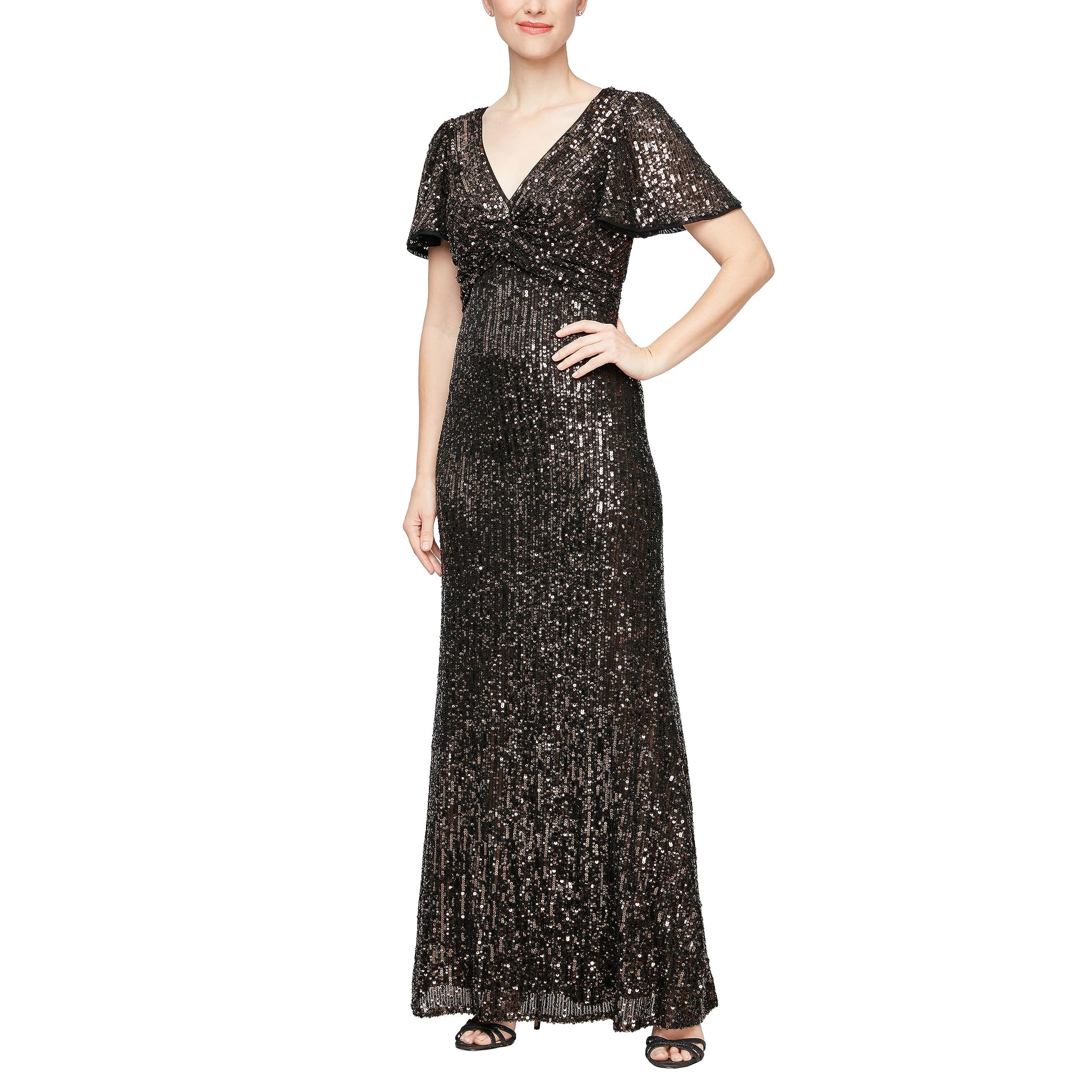 Long Sequins Gown with Flutter Sleeves and Front Knot Detail