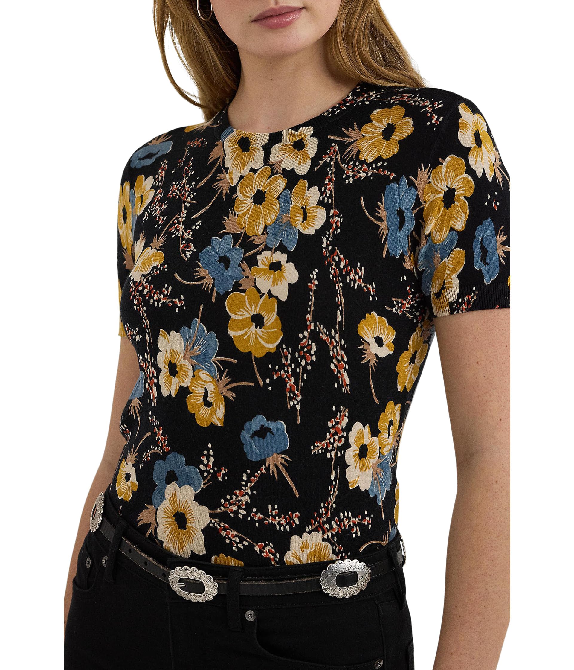 Floral Cotton-Blend Short-Sleeve Sweater