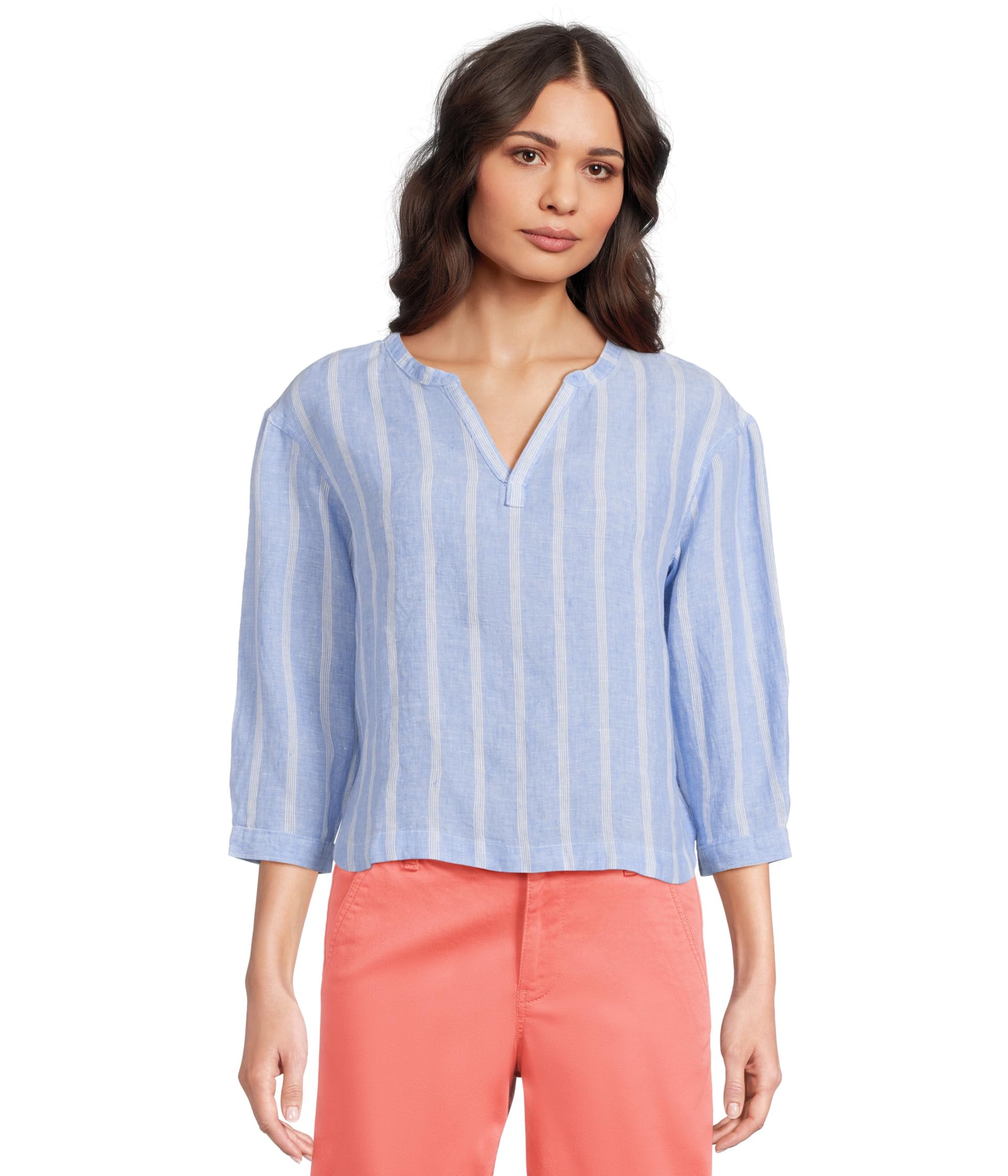 Premium Washable Linen Shirt Split-Neck Stripe