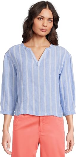 Premium Washable Linen Shirt Split-Neck Stripe