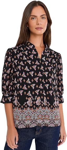 Open Collar Short Sleeve Top with Hidden Placket